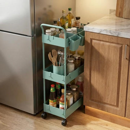 Storage Cart on Wheels, 3 Tier Bathroom Cart Organizer Slim Laundry Narrow Shelf with Wheels Dividers Hanging Cups Hooks Handle Easy Assembly, Green