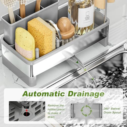 Ewaiira Stainless Steel Sink Caddy, Sponge Holder for Kitchen Sink 9.8″ | with Brush Holder Dishcloth Rack, Rustproof Sink Organizer Countertop, Soap Kitchen Organizers Storage Essentials, Gray