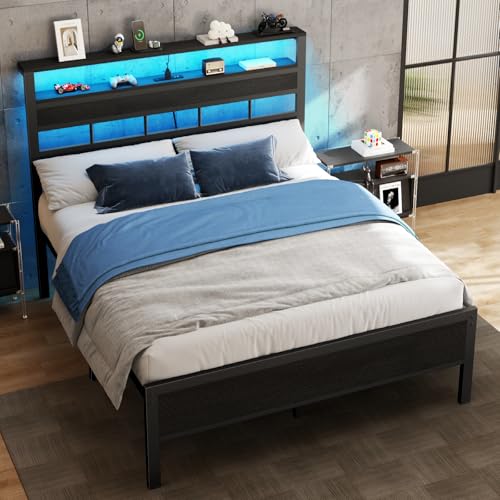 Full Size Bed Frame, Storage Headboard, LED & Charger, Black Oak