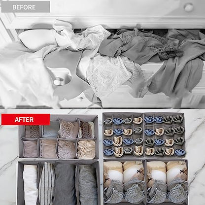 Lourome Underwear Drawer Organizer, 5-Pack, for Socks, Bras, Tie, Grey | Fits Standard 13"+ Dressers, 55 Compartments, Storage Bins for Bedroom, Closet & Bathroom