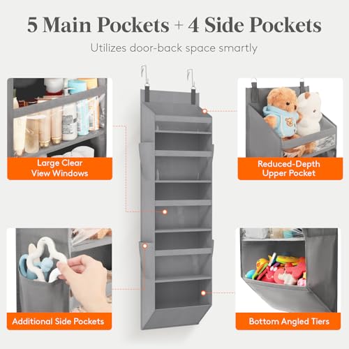 Lifewit 1 Pack Over the Door Organizer, Clear Window Hanging Storage with 4 Side Pockets, Anti Tilt 40 lbs Load Behind Door for Pantry, Nursery, Bathroom, Bedroom, Dorm, 5 Section, Gray