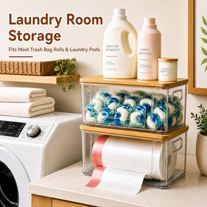 Trash Bag Holder 2 Pack, Stackable Garbage Bag Dispenser with Bamboo Lid, Extra Large Trashbag Dispenser for 13/30/33 Gallon Bags, Clear Organizer for Under Sink Kitchen Laundry Room
