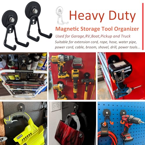 Heavy Duty Magnetic Garage Hooks,4 Pack Strong Large Magnet Hook for Power Drill,Garden Tools,Hose,Pegboard,Garage, Workshop,Magnetic Storage Hooks for Indoor Outdoor Hanging(Black)