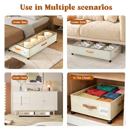Under Bed Storage with Wheels, Rolling Storage Containers with Clear Lid and Handles for Clothes, Shoes, Blankets, Pillows, Toys, Books, Bags (60L, 30.9 x 16.9 x 6.7in, Beige, 2 Pack)