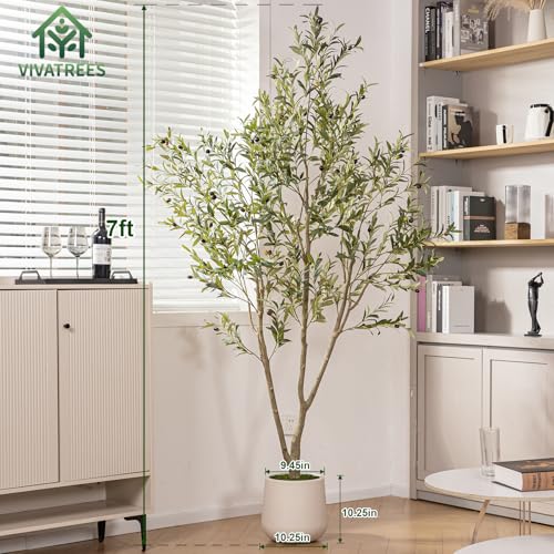 VIVATREES Olive Trees Artificial Indoor, 7FT Tall Faux Olive Tree with White Tall Planter, Artificial Plants with Natural Wood Trunk and Lifelike Fruits for Home Office Decor