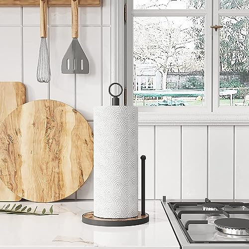 OROPY Paper Towel Holder Countertop, Heavy Duty Wood Base, Farmhouse Style | Paper Towel Holder Countertop with Weighted Base for Kitchen, fits Standard & Jumbo Size Paper Towels, Brown - Easy to Tear