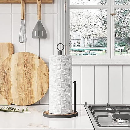 OROPY Paper Towel Holder Countertop, Heavy Duty Wood Base, Farmhouse Style | Paper Towel Holder Countertop with Weighted Base for Kitchen, fits Standard & Jumbo Size Paper Towels, Brown - Easy to Tear