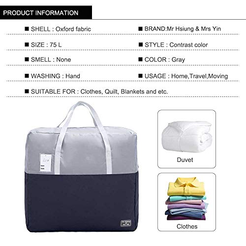 75L large Zipper Under-bed Comforter Storage Bag,2park moving bag | (2) Folding Blanket Storage Bag with Reinforced Handle, Bedding, Quilt, Clothes, Pillows, travel storage organizer, Grey