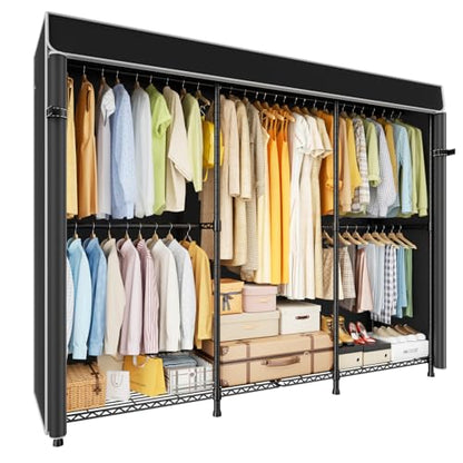 E14C Pro Heavy Duty Closet Organizer System，Freestanding Clothing Racks for Hanging Clothes，Adjustable Garment Rack 69" W × 16" D × 77" H Hold 960 lbs，Black Rack with Black Dustproof Cover