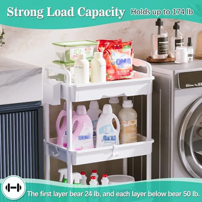 SUNALLY 3 Tier Rolling Cart with Drawer, Craft Storage Cart Organizer,White | Bathroom Storage Organizer with 2 Lockable Wheels, Rolling Utility Cart for Kitchen, Office, Baby, Makeup, Nail,Snack,Laundry