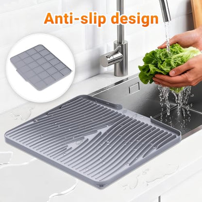 Silicone Dish Drying Mat for Kitchen counter, 15.8"x13" Extra Large Non-Slip Drain Pad with Built-in Drainage, Heat Resistant Dishwasher Safe, Drainage Spout & Hanging Hook, Grey