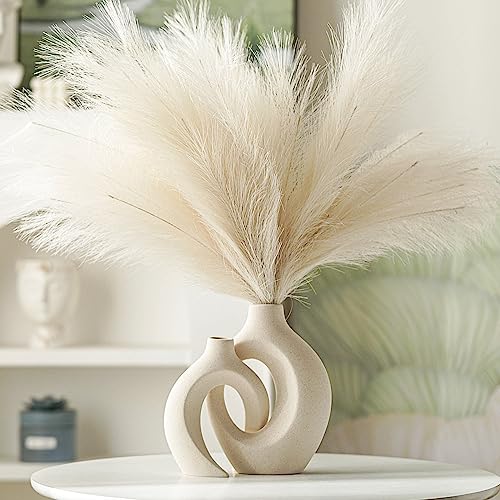 Snuggle Hollow Ceramic Vase Set of 2 Boho Home Table Decor Vase | Modern Nordic Aesthetic Pampas Grass Flower Vases for coffee Centerpiece Living Room Decorative Milky White W6.3" X H8.4"