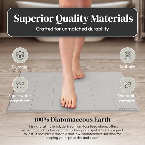 Stone Bath Mat for Bathroom, Diatomaceous Earth Bath Mat, 24" x 16", 1 Pack | Modern Alternative to Fabric Mats, Quick Drying, Fast Water Absorption, Includes Non-Slip Mat & Sanding Tool, Easy to Clean