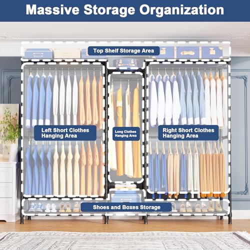 E12C Pro Heavy Duty Closet Organizer System，Freestanding Clothing Rack, Adjustable Garment Rack 71" W x 16" D x 76.5" H Holds 960 lbs, Black Rack with Black Dustproof Cover