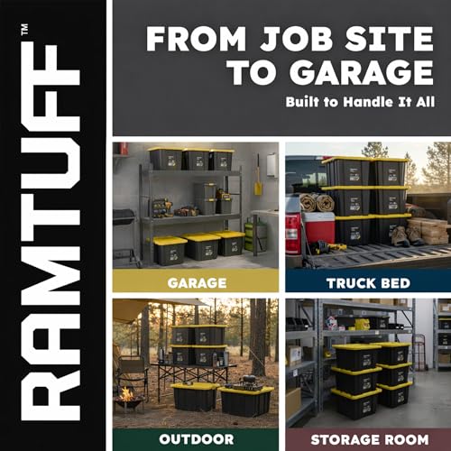 Heavy Duty Stackable Storage Container with Lid, 27 Gallon, 6-Pack | Weather-Resistant Organization Tote with Snap-Tight Lid, for Garage, Basement, Attic, Shed, Closet & Moving