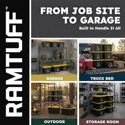 Heavy Duty Stackable Storage Container with Lid, 27 Gallon, 6-Pack | Weather-Resistant Organization Tote with Snap-Tight Lid, for Garage, Basement, Attic, Shed, Closet & Moving