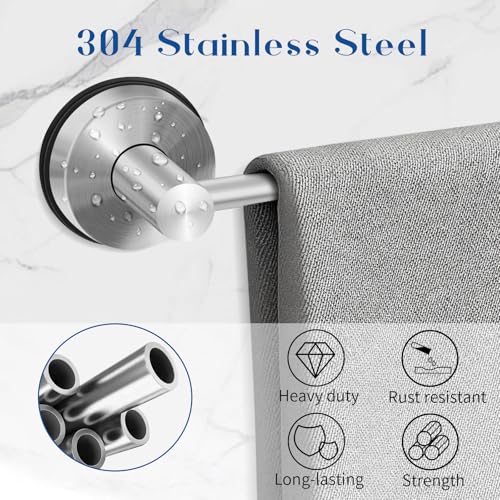 Adjustable Suction Cup Towel Bar for Bathroom Wall, 14.6–24 Inches Brushed Nickel Towel Bar, Stainless Steel Bath Towel Holder, Towel Racks for Bathroom Shower (Brushed Nickel)