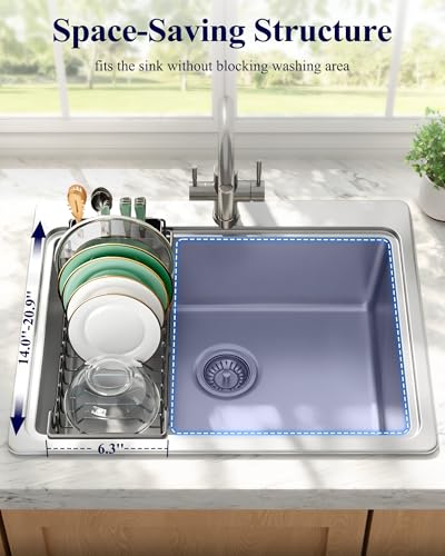 Kitsure Expandable Dish Rack for Kitchen Counter, Medium, Black | Over Sink Or In Sink Dish Drying Rack, Dish Drainer with Cutlery Holder & Drip Tray, 14.0"-20.9"L x 6.3"W x 8.0"H