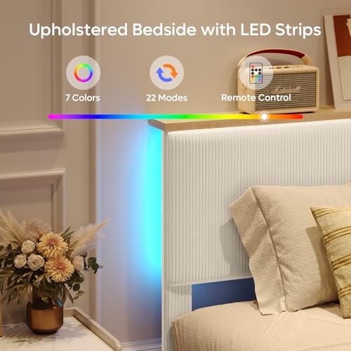 Bestier Queen Bed Frame with Storage Headboard & LED, Upholstered, Beige