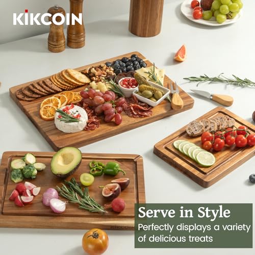 Kikcoin Acacia Wood Cutting Board Set of 3, Wooden Cutting Boards for Kitchen with Deep Juice Grooves, Butcher Block Wooden Chopping Board for Meat, Large Solid Charcuterie Boards Serving Tray