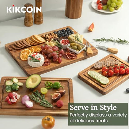 Kikcoin Acacia Wood Cutting Board Set of 3, Wooden Cutting Boards for Kitchen with Deep Juice Grooves, Butcher Block Wooden Chopping Board for Meat, Large Solid Charcuterie Boards Serving Tray