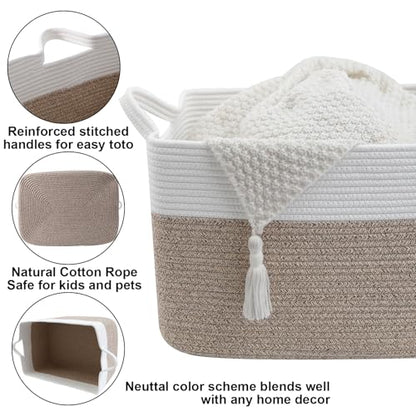 65L Laundry Basket with Handles, Woven Blanket Basket, White/Brown | 21"×16"×12" Collapsible Cotton Rope Storage Basket for Toys Clothes & Pillows, Nursery, Bathroom, Bedroom, Living Room