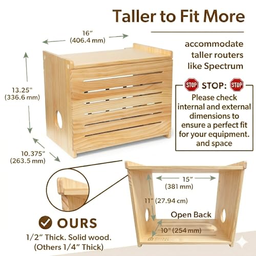 WiFi Router Storage Cabinet Router Box Hider WiFi Box Hider Shelf Cover | Deluxe • Pine Wood • Pine Finish • Seamless Side Panel Design • Fits Routers Up To 11" • Wall Mount Or Desktop Placement