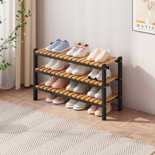 Bamboo Shoe Rack Organizer for Closet and Entryway - Space-Saving Narrow Shoe Stand - Versatile Shoe Holder for Door or Closet Shelf, Garage Bedroom can Freely Stack DIY Small Shoe Racks 3 Tier