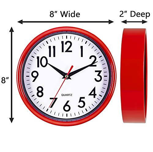 Bernhard Products Red Wall Clock 8" Retro Kitchen Silent Non-Ticking Quality Quartz Battery Operated Round Clock for Office Classroom Bedroom Bathroom Easy to Read
