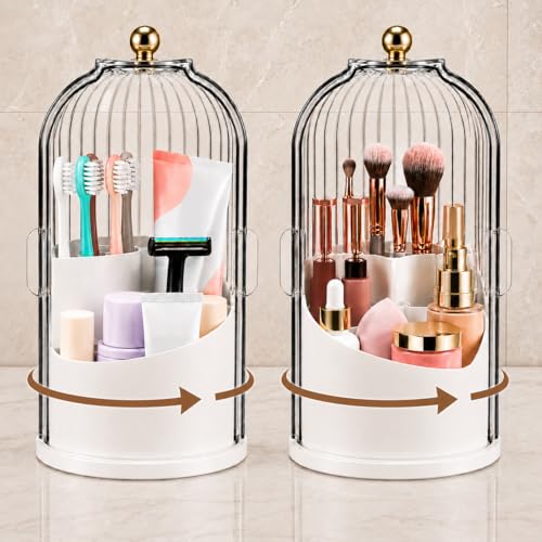 Rotating Toothbrush Holder with Cover, Storage for Bathroom, Dustproof Toothbrush Holder with Sliding Lid Electric Tooth Brush and Makeup Brush Organizer for Vanity, Dustproof with Cover