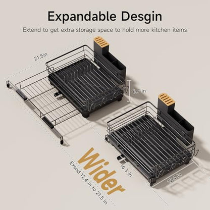 Dish Drying Rack - Expandable Large Dish Rack Over Sink | Drying Dish Drainer for Kitchen Counter, Stainless Steel Dish Strainer with Utensil Holder & Cup Holder, Black