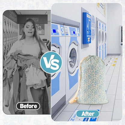 Laundry Bag Backpack for Dorm & Travel, 29 x 18" Large Dirty Bag | Cute Blue Floral College Clothes Pouch with Straps and Handles. Ideal for Apartment, Camp and Portable Bag for Laundromat