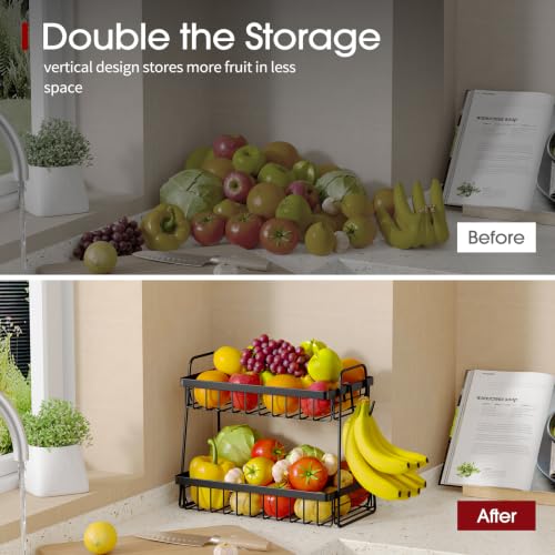 Fruit Basket for Kitchen Counter - 2-Tier Fruit Bowl with Removable Banana Hanger & Handles, Rustproof Fruit Holder for Kitchen, Living Room, Bathroom, 13.4"×8.7"×11.7", Black