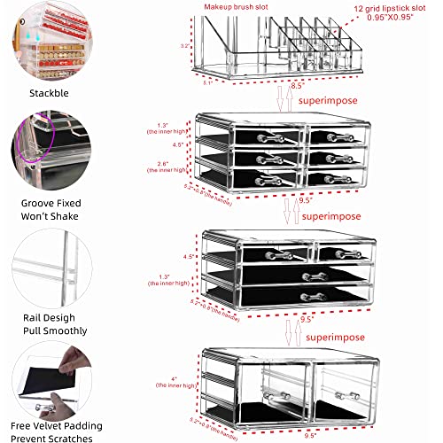 Cq acrylic 4 Pack Clear Makeup Organizer Countertop,Stackable 12 Drawers Skincare Organizer,Cute Skin Care Organizer for Vanity Hair Clip,Jewelry,Beauty Product Desk and Make Up Organizers for Vanity