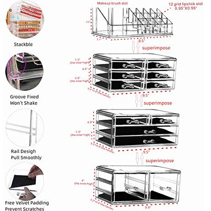 Cq acrylic 4 Pack Clear Makeup Organizer Countertop,Stackable 12 Drawers Skincare Organizer,Cute Skin Care Organizer for Vanity Hair Clip,Jewelry,Beauty Product Desk and Make Up Organizers for Vanity