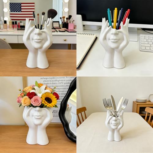 Decorative Face Makeup Brush Holder, White Ceramic Sculpture Design, 7x4.7 Inch, Cosmetic Organizer for Vanity