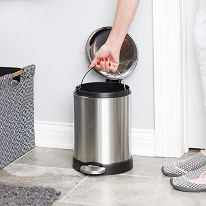 Glad Small Trash Can, 1.2 Gallon | Round Stainless Steel Garbage Bin with Soft Close Lid & Step Foot Pedal | Metal Waste Basket with Removable Inner Bucket, Stainless, 8 x 9.5 x 12 inches