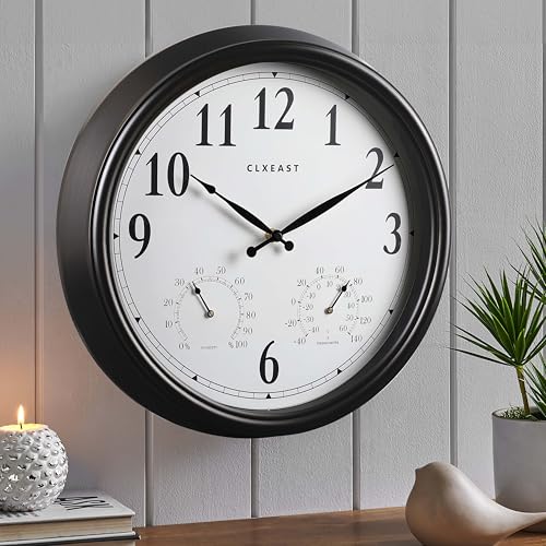18 Inch Outdoor Clocks for Patio Waterproof & UV Resistant, Black | Built In Thermometer & Hygrometer,IP56 Weatherproof, Accurate & Easy to Read for Patio, Pool, Porch & Garden Decor