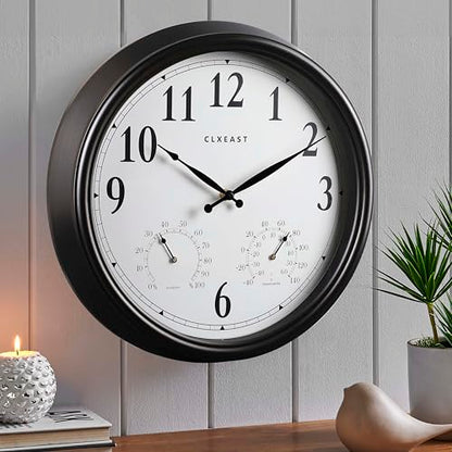 18 Inch Outdoor Clocks for Patio Waterproof & UV Resistant, Black | Built In Thermometer & Hygrometer,IP56 Weatherproof, Accurate & Easy to Read for Patio, Pool, Porch & Garden Decor