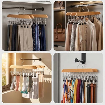 2 Pack Legging Organizer for Closet, Wooden Pants Hangers with 10 Clips | Holds 20 Jeans, Skirts, Underwear, Panties, Space Saving Hangers for Wardrobe Storage & Organization