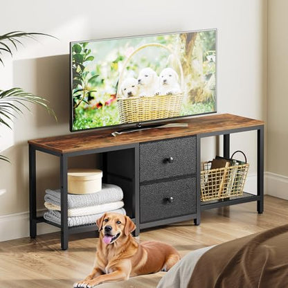 TV Stand for TVs up to 55", Entertainment Center with 2 Fabric Drawer, Media Console with Shelves, Television Stands for Living Room, Bedroom, Rustic Brown and Black DS02BR