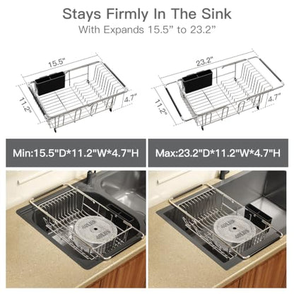 Dish Drying Rack Over The Sink with Adjustable Utensil Holder | Expandable Stainless Steel Dish Drainer for Small Kitchen, Apartment, RV, Counter Space Saving, Perfect Fit, Rustproof