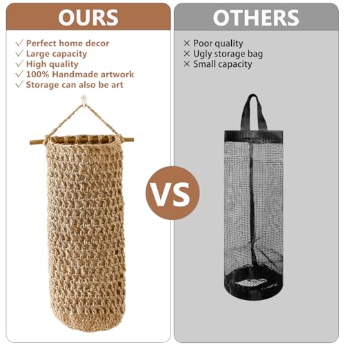 Plastic Bag Holders for Grocery Bags – Handwoven Jute Grocery Bag Holder, Rustic Plastic Bag Organizer for Kitchen – Bag Holder for Plastic Bags Groceries Store (Natural Hemp)