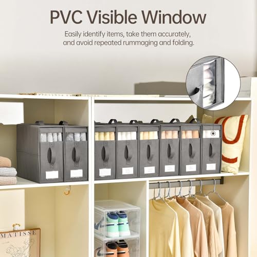 8 Pack Sheet Organizers and Storage, Bed Sheet Organizer with Window | Foldable Sheet Storage with Handle, linen closet organizers and storage, Queen & King Size, Sheet Set Organizer, Beige