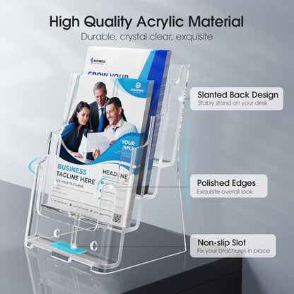 MaxGear 4 Tier Brochure Holder, 8.5 x 11, Removable Divider, 1 Pack | Clear Acrylic Material, Fits 8.5 x 11 Literature or 4 x 9 Brochures, Wall Mount or Countertop, Magazine Stand Display