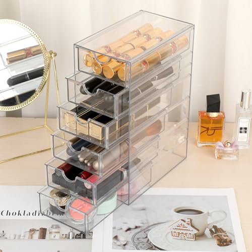 Hipiwe Plastic Drawer Organizer Desktop Storage Box with 6 Pull Out Drawers | Clear Compact Drawers Box for Cabinet Vanity Bathroom Bedroom Pantry Shelf Office Closet Organization