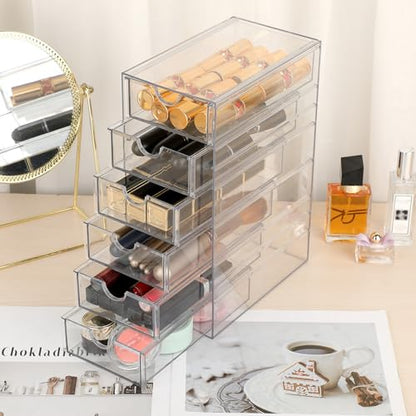 Hipiwe Plastic Drawer Organizer Desktop Storage Box with 6 Pull Out Drawers | Clear Compact Drawers Box for Cabinet Vanity Bathroom Bedroom Pantry Shelf Office Closet Organization