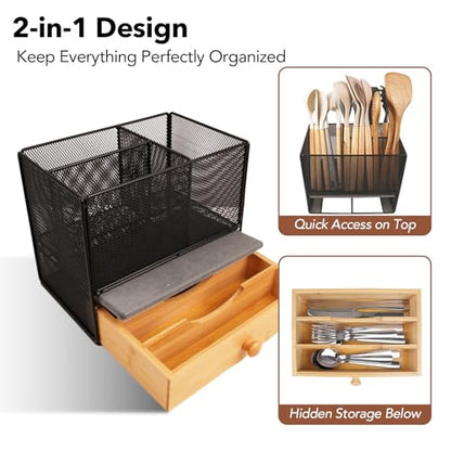 Kitchen Utensil Holder Countertop,Extra Large Utensil Organizer with Drawer | 2-Tier Utensil & Silverware Organizer for Kitchen Counter, Cooking Utensil Cutlery Caddy, Quick Dry Diatomite Base