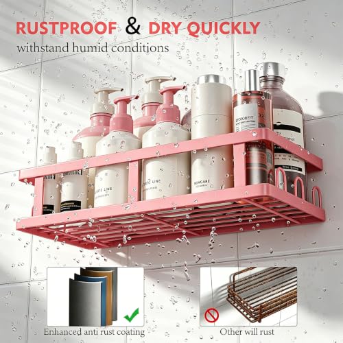 Pink Shower Caddy 6 Pack, Adhesive Shower Shelves | Pink Bathroom Decor, No Drilling, Rustproof, Large Capacity, 6 Adhesives, 24 Built-in Hooks, Dorm Apartment