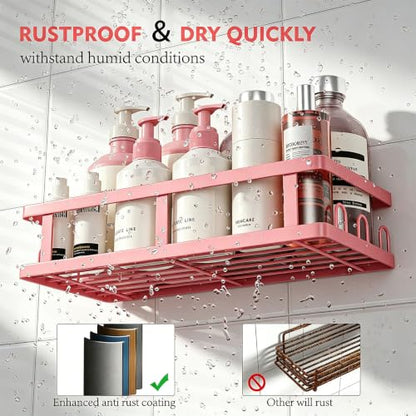 Pink Shower Caddy 6 Pack, Adhesive Shower Shelves | Pink Bathroom Decor, No Drilling, Rustproof, Large Capacity, 6 Adhesives, 24 Built-in Hooks, Dorm Apartment